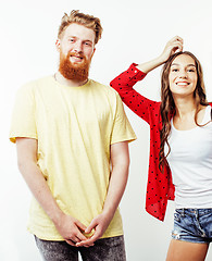 Image showing young attractive couple together having fun happy smiling isolated on white background, emotional posing, lifestyle people concept 