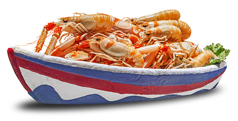 Image showing Shrimps in a bowl in the form of a ship at a market in Barcelona