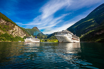 Image showing Cruise Liners On Geiranger fjord, Norway