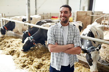 Image showing man or farmer with cows in cowshed on dairy farm