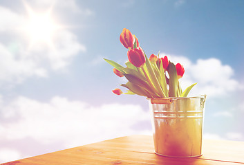 Image showing close up of tulip flowers in tin bucket on table