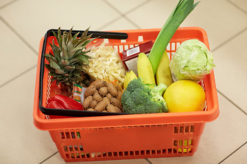 Image showing food basket on grocery or supermarket floor