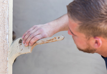 Image showing Professional Painter Cutting In With Brush to Paint House Door F