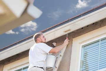 Image showing Professional Painter Using Small Roller to Paint House Fascia