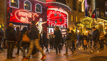 Image showing Crowd in Front of Sephora Shop on Champs Elysees in Paris