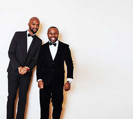 Image showing two afro-american businessmen in black suits emotional posing, g