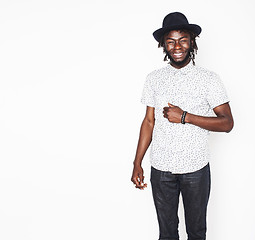 Image showing young handsome afro american boy in stylish hipster hat gesturin