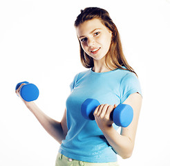 Image showing young pretty slim woman with dumbbell isolated cheerful smiling, real sport girl next door, lifestyle people concept