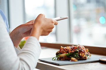 Image showing woman with smartphone and ham salad at restaurant