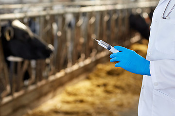 Image showing veterinarian hand with vaccine in syringe on farm