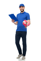 Image showing happy delivery man with flowers and clipboard