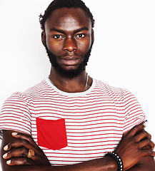 Image showing young handsome afro american man gesturing emotional posing isolated on white background, lifestyle people concept close up