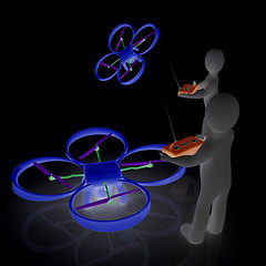 Image showing 3d man with drone, quadrocopter, with photo camera. 3d render. 3