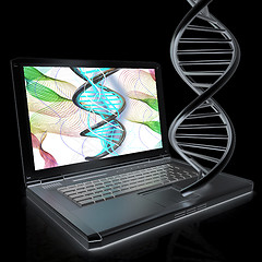 Image showing Laptop with dna medical model background on laptop screen. 3d il