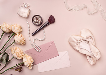 Image showing Vintage still Life with roses and Ballet Shoes