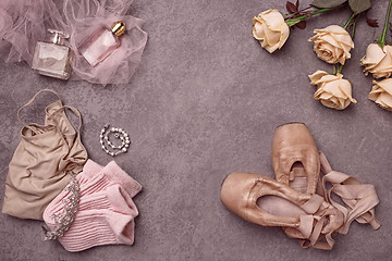 Image showing Vintage still Life with roses and Ballet Shoes