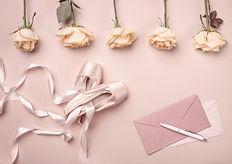 Image showing Vintage still Life with roses and Ballet Shoes