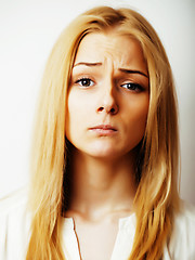 Image showing young blond woman on white backgroung gesture thumbs up, isolate