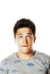 Image showing young handsome brunete man emotional posing on white background 