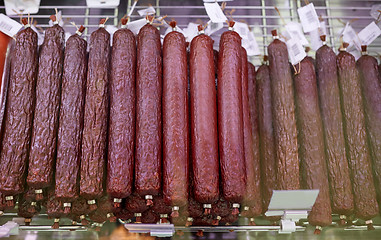 Image showing salami sausage at grocery store stall