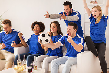 Image showing friends or football fans watching soccer at home