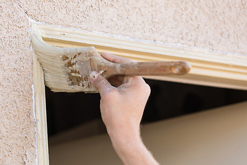 Image showing Professional Painter Cutting In With Brush to Paint House Door F