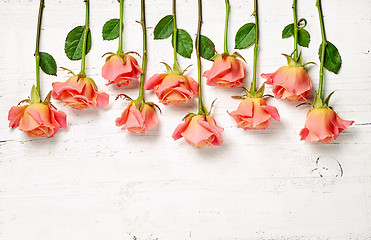 Image showing pink roses on white wooden table