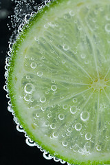 Image showing Lime slice falling into water