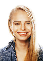 Image showing young blond woman on white backgroung gesture thumbs up, isolate