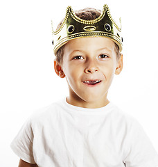 Image showing little cute boy wearing crown isolated close up on white