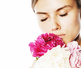 Image showing young beauty woman with flower peony pink closeup makeup soft te