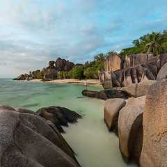 Image showing Dramatic sunset at Anse Source d\'Argent beach, La Digue island, Seychelles