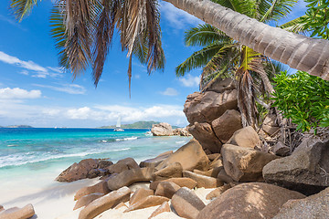 Image showing Anse Patates, picture perfect beach on La Digue Island, Seychelles.