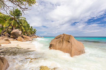 Image showing Anse Patates, picture perfect beach on La Digue Island, Seychelles.