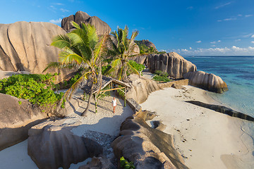 Image showing Dramatic sunset at Anse Source d\'Argent beach, La Digue island, Seychelles