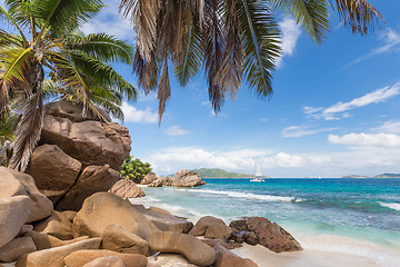 Image showing Anse Patates, picture perfect beach on La Digue Island, Seychelles.