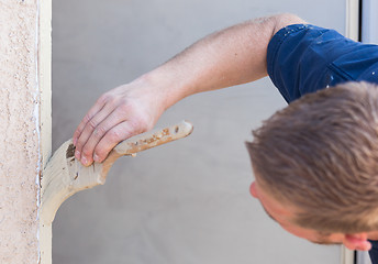 Image showing Professional Painter Cutting In With Brush to Paint House Door F