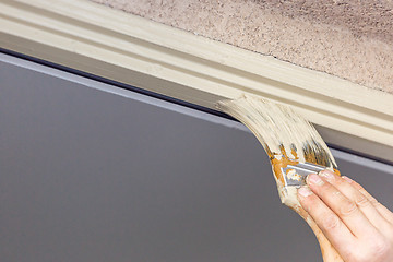 Image showing Professional Painter Cutting In With Brush to Paint House Door F