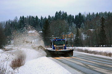 Image showing Scania Snowplow Truck Removes Snow From Road