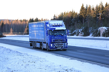 Image showing Frosted Blue Volvo FH12 Semi Truck on Winter Road