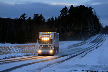 Image showing Customized Super Scania Truck Transport on Winter Road