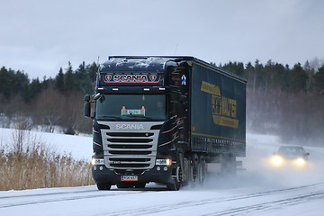 Image showing Scania R450 Semi Truck Transport on Winter Roads