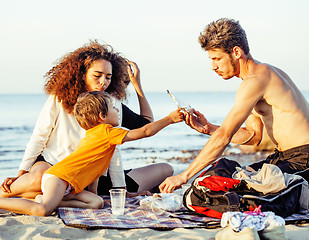 Image showing pretty diverse nation and age friends on sea coast having fun, lifestyle people concept on beach vacations close up