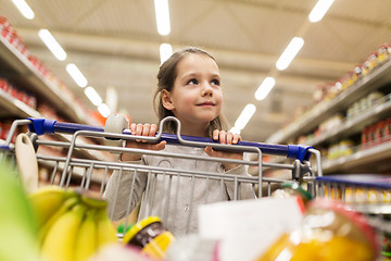 Image showing girl with food in shopping cart at grocery store