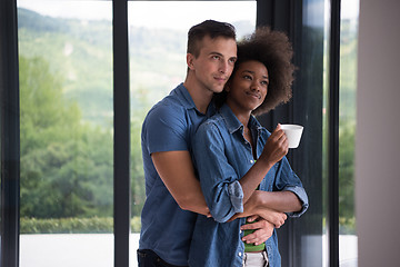 Image showing romantic happy young couple relax at modern home indoors