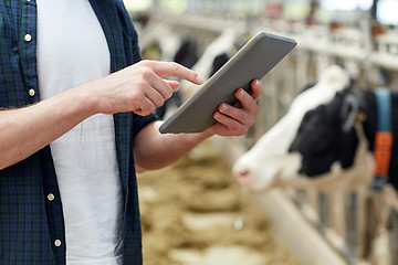 Image showing man with tablet pc and cows on dairy farm