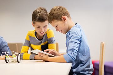 Image showing kids with tablet pc programming at robotics school