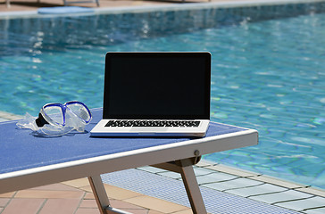 Image showing Laptop computer near swimming pool 