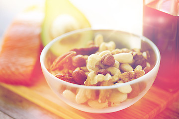 Image showing close up of nut mix in glass bowl on table