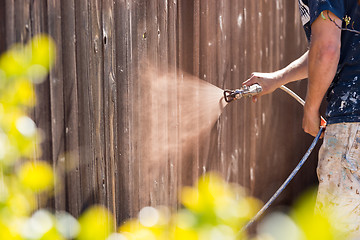 Image showing Professional Painter Spraying Yard Fence with Stain